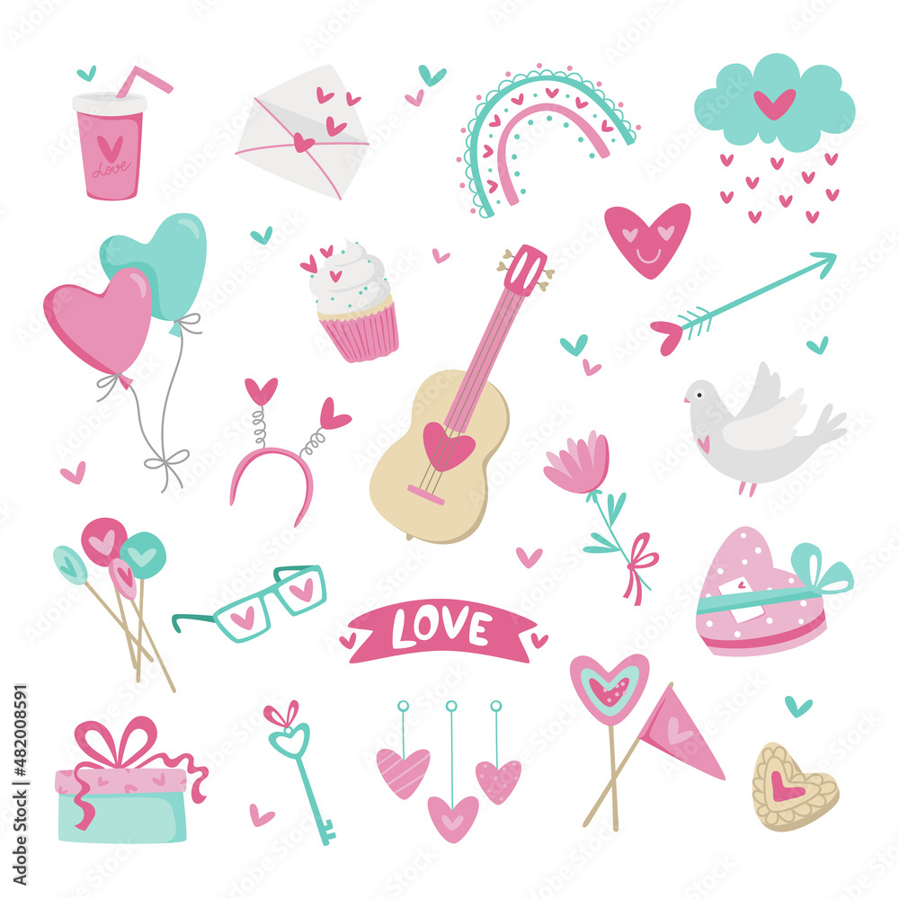 Collection of cute elements for Valentine's Day. Love. Set of hearts, flowers and sweets stickers. Isolated on white background. Freehand vector illustration Collection of cute elements for Valentine's Day. Love. Set of hearts, flowers and sweets stickers. Isolated on white background. Freehand vector illustration