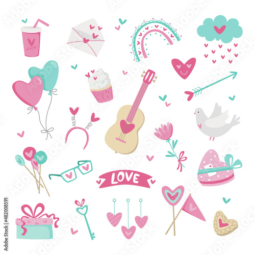 Collection of cute elements for Valentine's Day. Love. Set of hearts, flowers and sweets stickers. Isolated on white background. Freehand vector illustration