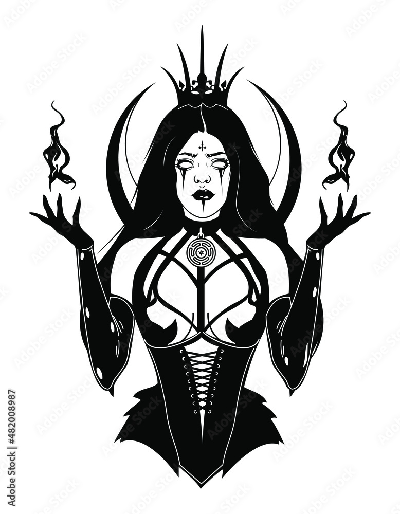 Fototapeta premium lunar Goddess Hecate ancient Greek mythology hand drawn black and white isolated vector illustration. Tattoo or print design. Vector illustration.