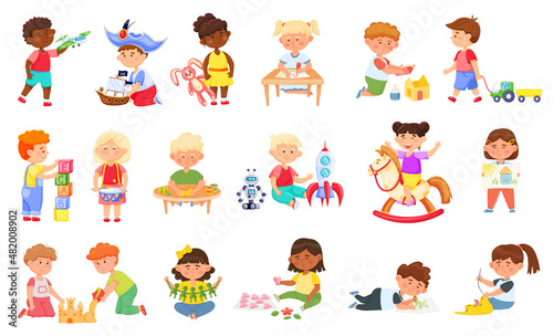 Kids playing and crafting, handmade in kindergarten. Vector child and kids, boy and girl in kindergarten play with toys illustration © Frogella.stock