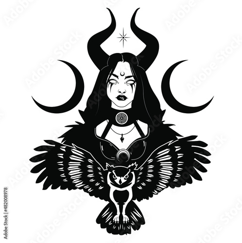 lunar Goddess Hecate ancient Greek mythology hand drawn black and white isolated vector illustration. Tattoo or print design. Vector illustration.