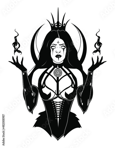 lunar Goddess Hecate ancient Greek mythology hand drawn black and white isolated vector illustration. Tattoo or print design. Vector illustration.