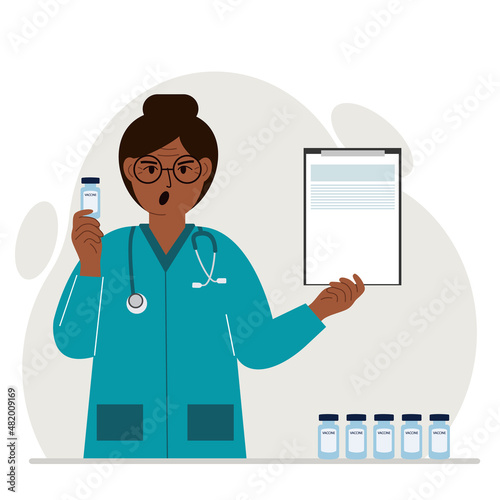 The concept of vaccination. The doctor is holding a vaccine and a document. Delivery of the vaccine. Social media campaign concept, flyer.