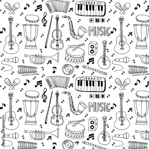 Vector seamless pattern of musical instruments. Linear hand drawn illustration in cartoon style.