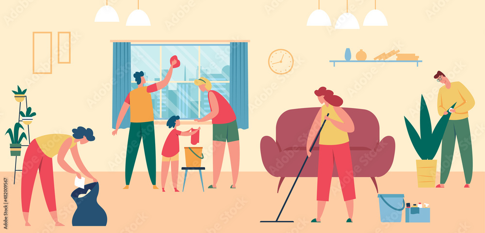 People cleaning home together, wash window and floor. Vector people ...