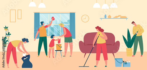 People cleaning home together, wash window and floor. Vector people together cleaning house, housekeeping by family illustration
