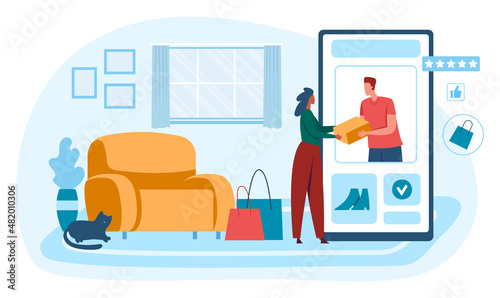 Shopping online, buy pay and receive parcel at home. Vector online shipping parcel, payment and delivery product illustration