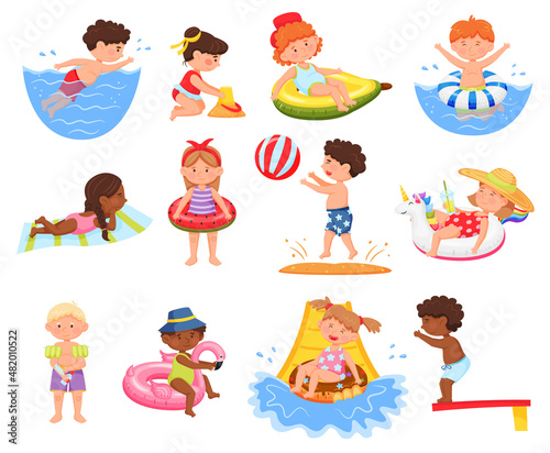 Kids swimming and spend time in pool, activity and leisure. Swimming outdoor on vacation, people leisure from sport illustration