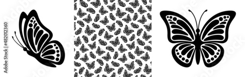 Modern seamless pattern of monarch butterfly shapes on white background for decoration design. Closeup design element black butterfly. Side view vector icon © Deviser