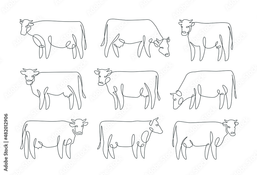 Set of continuous one line drawings of a cow. Farm animals in line style