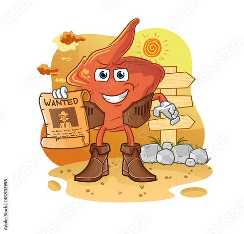 chicken wing cowboy with wanted paper. cartoon mascot vector
