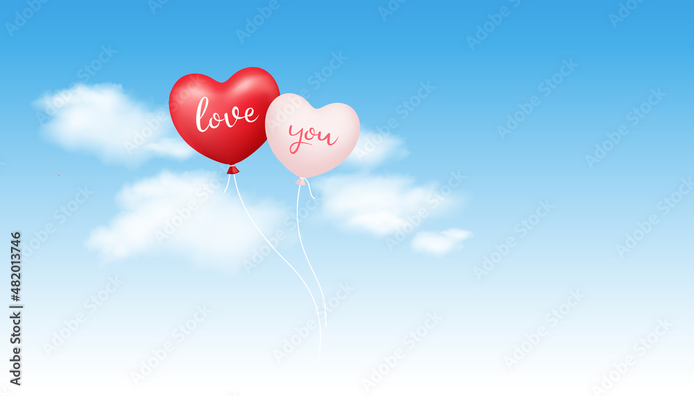 Balloon heart, love you message, valentine's day concept on cloud and sky background, Eps 10 vector illustration

