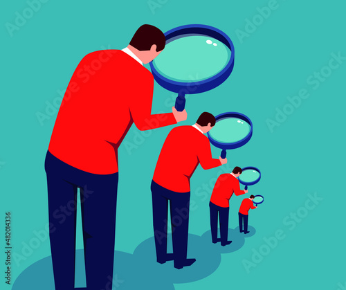 Step by step review, big businessman holding magnifying glass to examine small businessman.