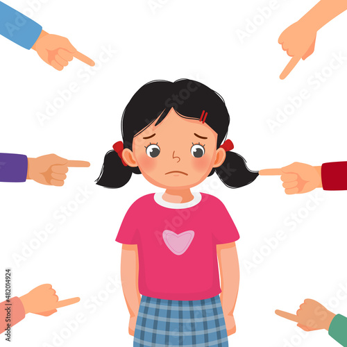 little girl feeling sad, guilty and ashamed get bullied with finger surrounding pointing at her blaming and accusing her in public