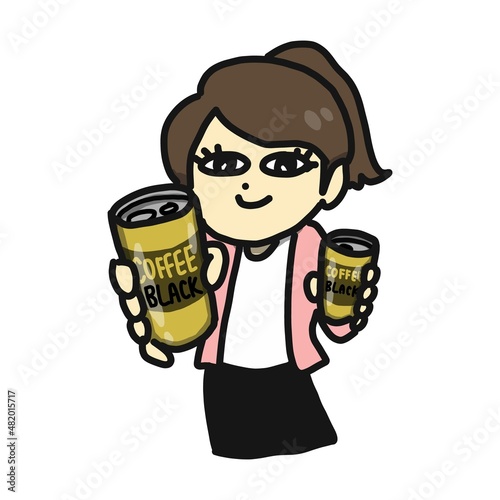 缶コーヒーを差し入れする女性のイラスト。