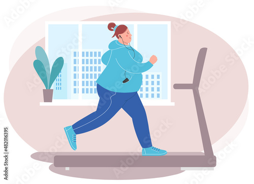 Overweight young woman running on treadmill. Loss weight cardio training. Weight loss home sport concept.