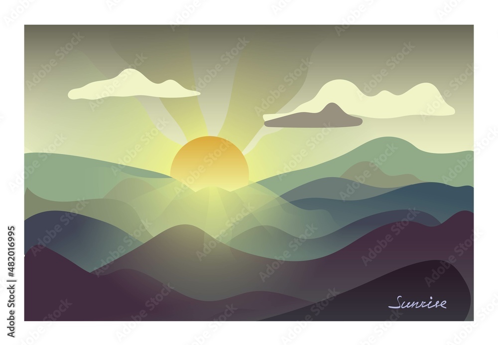 Postcard with sunrise in the mountains, in unobtrusive colors
