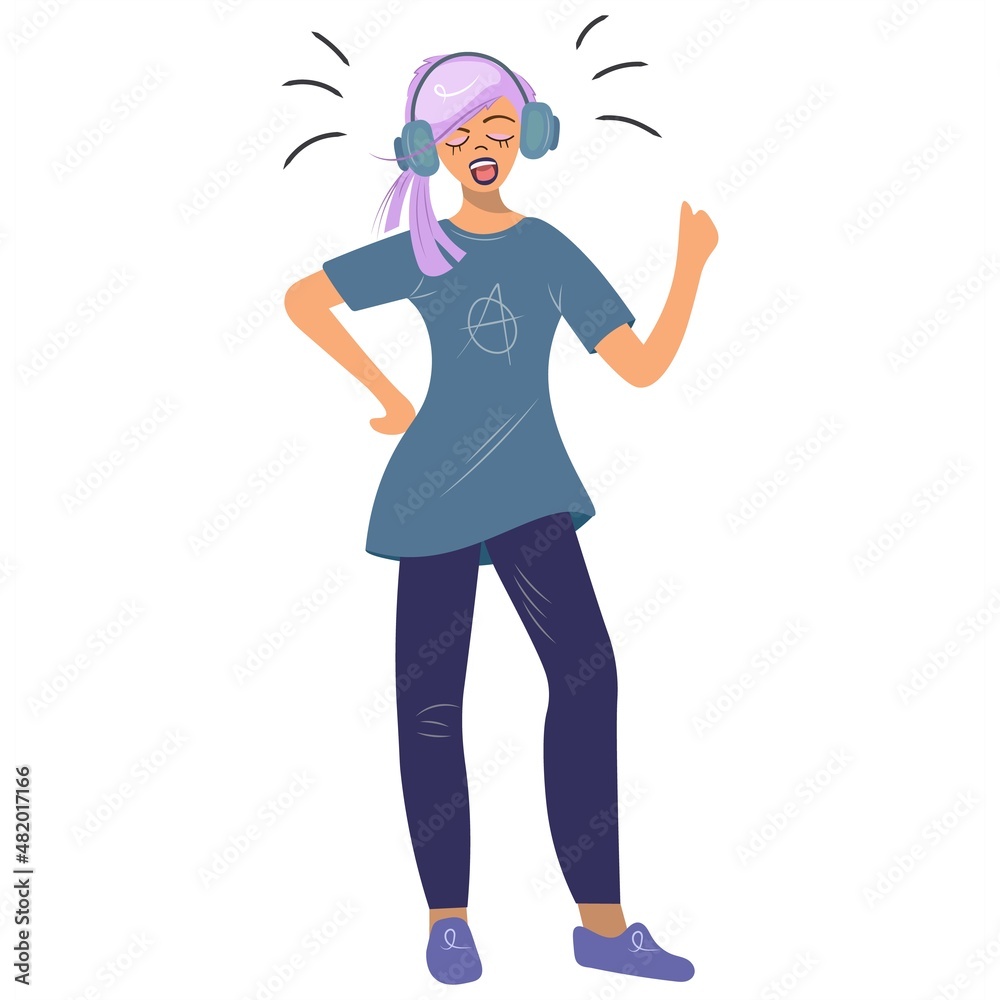 Emo girl dances and sings in headphones. Real subcultural look, tight pants, blue t-shirt, pink hair, listening to music on headphones. Vector flat cartoon in flat style.