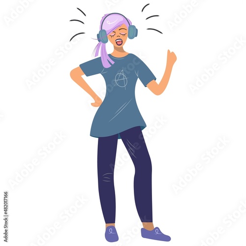 Emo girl dances and sings in headphones. Real subcultural look, tight pants, blue t-shirt, pink hair, listening to music on headphones. Vector flat cartoon in flat style.