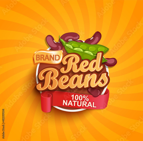 Red beans logo, label or sticker on sunburst background. Natural, organic food.Concept for farmers market, shops, packing and packages, advertising design.Vector illustration.