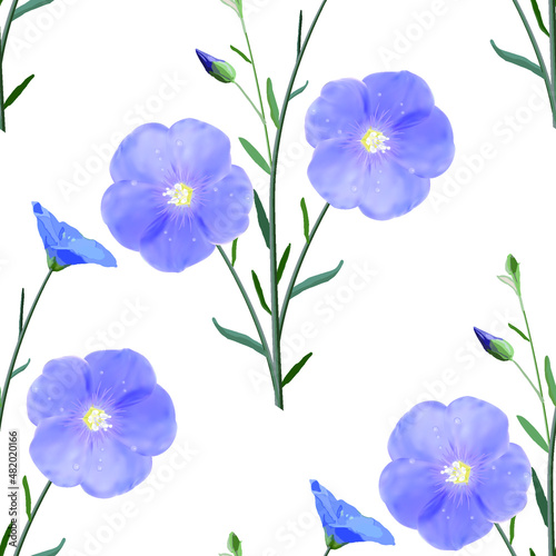 The flowers and buds of blue flax from the stem and leaves on a white background, seamless pattern, vector