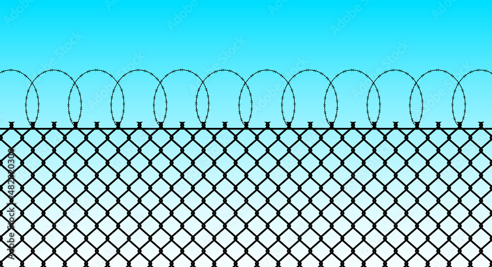 Chain link fence with spiral barbed wire silhouette on the blue sky background. Wire mesh, steel metal prison or restricted area barrier. Flat vector illustration. Chain link fence with spiral barbed wire silhouette on the blue sky background. Wire mesh, steel metal prison or restricted area barrier. Flat vector illustration.