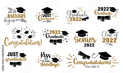 Graduation congratulations at school, university or college . Trendy calligraphy golden glitter inscription