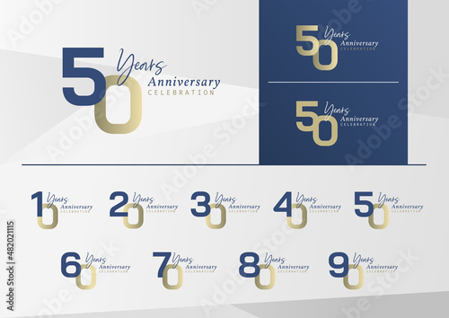 Set of anniversary logotype with minimalism gold, silver and blue color style for celebration event. Vector Template Design Illustration.