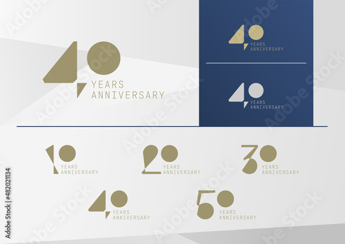 Set of geometric abstract anniversary logotype with minimalism gold, silver and blue color style for celebration event. Vector Template Design Illustration. photo