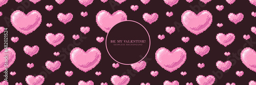Pink hearts on a chocolate brown background. Seamless pixel art pattern. Lovely backdrop for Valentine day.  Cute design for web banner, texture, decoration. 90s 8 bit game mosaic style. Vector.
