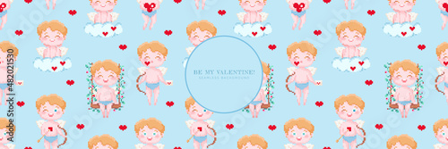 Lovely Seamless pixel art pink background. Valentine day pattern design for web banner  promo page  decoration. 90s 8 bit game mosaic style cute adorable cupids with hearts around them. Vector. 