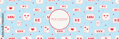 Lovely Seamless pixel art blue background. Love messages, declarations of love, flirt in chat. Valentine day pattern design for web banner, texture, decoration. 90s 8 bit game mosaic style. Vector.
