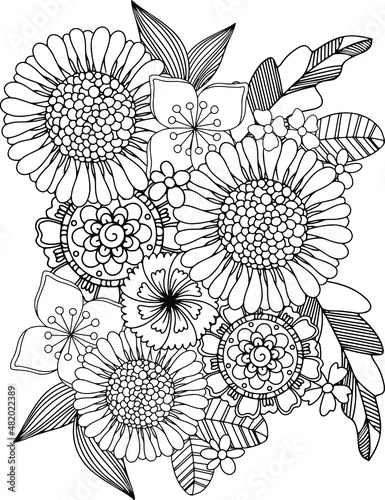 Abstract vector flowers coloring page