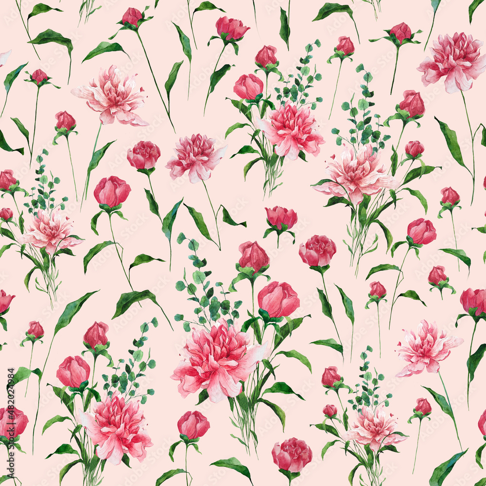 Watercolor seamless floral pattern with peonies and leaves, bouquets. Hand-drawn bright illustration perfect for fabric, home textile, wrapping paper, card, for design of Valentine's day and wedding.