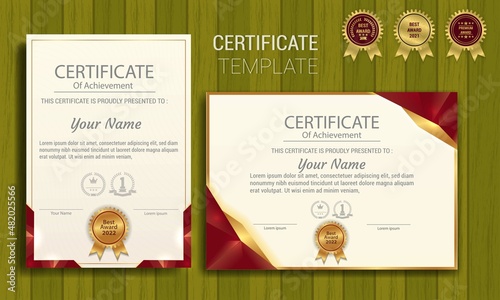 Award certificate border template in red and gold color with luxury badge