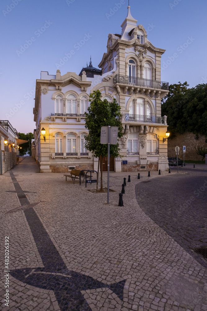Famous historic Belmarco palace at night in Faro downtown, Algarve, south Portugal