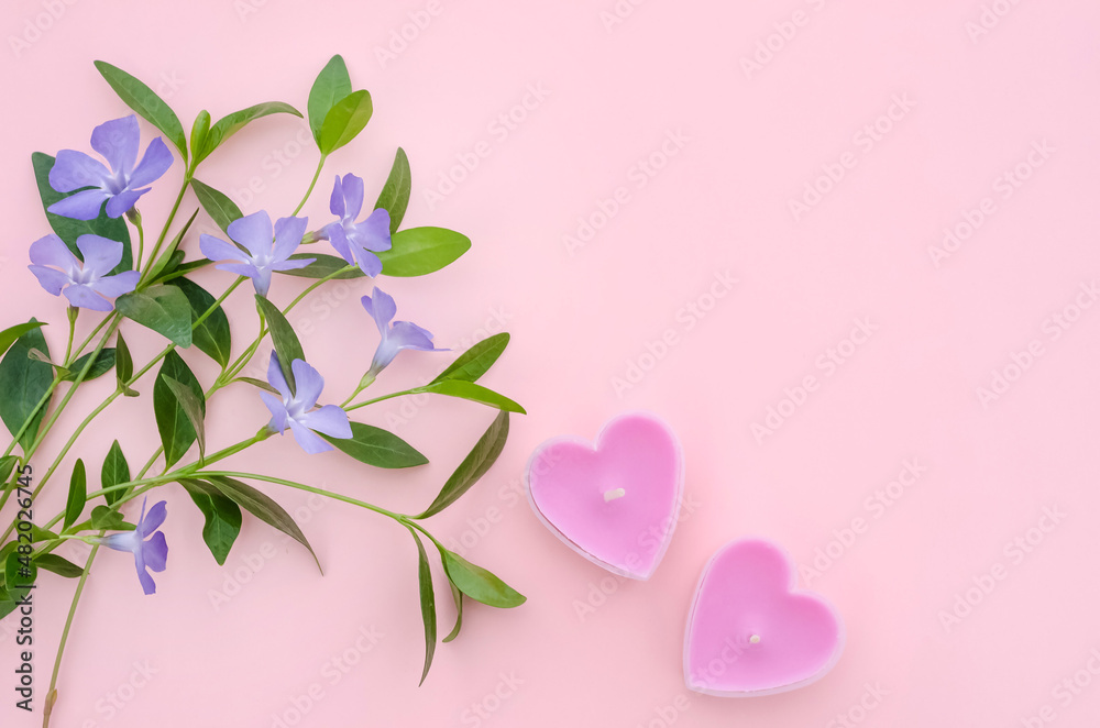 Valentines day pink background with heart shaped candles and flowers with copy space, spa treatment theme Valentines day pink background with heart shaped candles and flowers with copy space, spa treatment theme