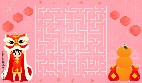 Lunar New year puzzle game with labyrinth, find right way to tangerines with cute girl dancing lion dance