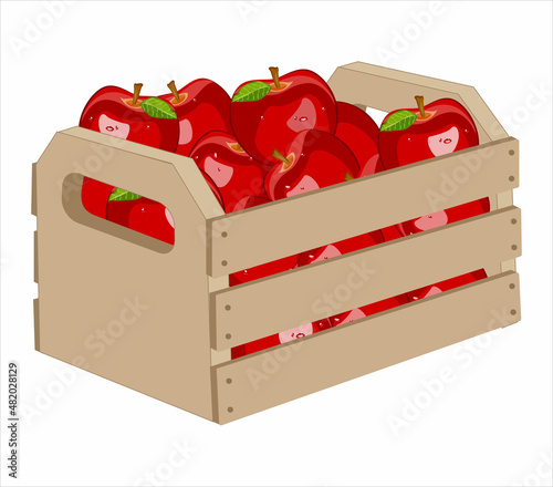 Wooden box with apples, on a white background. Vector illustration