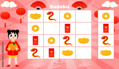 Sudoku game for kids with cute girl in traditional chinese costume and holding tangerine, printable logical worksheet