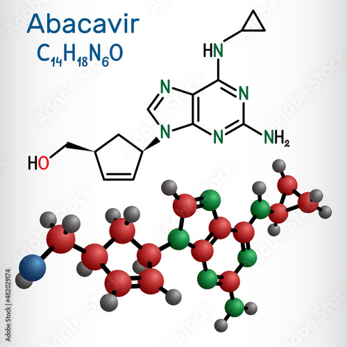Abacavir, ABC molecule. It is antiviral nucleoside reverse transcriptase inhibitor NRTI, used for the treatment of HIV and AIDS. Structural chemical formula and molecule model