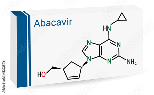 Abacavir, ABC molecule. It is antiviral nucleoside reverse transcriptase inhibitor NRTI, used for the treatment of HIV and AIDS. Skeletal chemical formula. Paper packaging for drugs