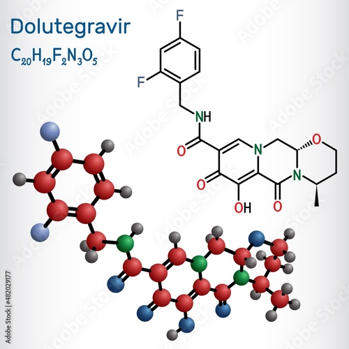 Dolutegravirе molecule. It is antiviral agent used for the treatment of human immunodeficiency virus type 1, HIV-1 infections. Structural chemical formula and molecule model. Vector illustration