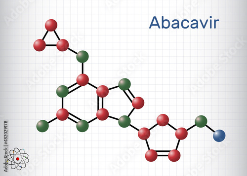 Abacavir, ABC molecule. It is antiviral nucleoside reverse transcriptase inhibitor NRTI, used for the treatment of HIV and AIDS. Molecule model. Sheet of paper in a cage