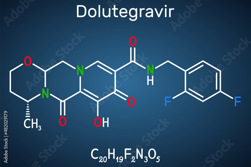 Dolutegravirе molecule. It is antiviral agent used for the treatment of human immunodeficiency virus type 1, HIV-1 infections. Structural chemical formula on the dark blue background