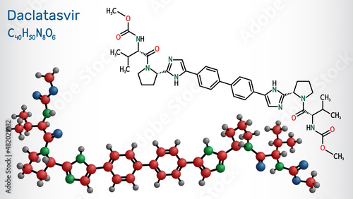 Daclatasvir drug molecule. It is direct-acting antiviral agent used to treat specific hepatitis C virus (HCV) infections. Structural chemical formula and molecule model.