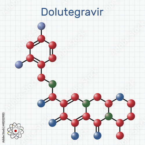 Dolutegravirе, molecule. It is antiviral agent used for the treatment of human immunodeficiency virus type 1, HIV-1 infections. Molecule model. Sheet of paper in a cage
