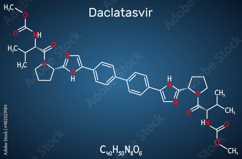 Daclatasvir drug molecule. It is direct-acting antiviral agent used to treat specific hepatitis C virus (HCV) infections. Structural chemical formula and on the dark blue background