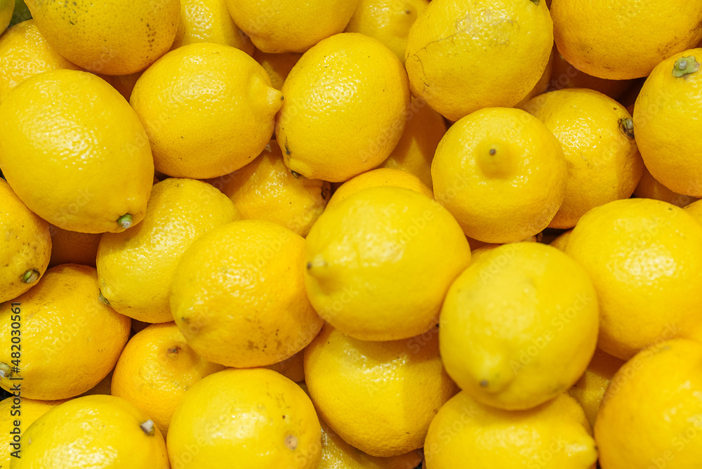 Lot of bright yellow lemons in supermarket.