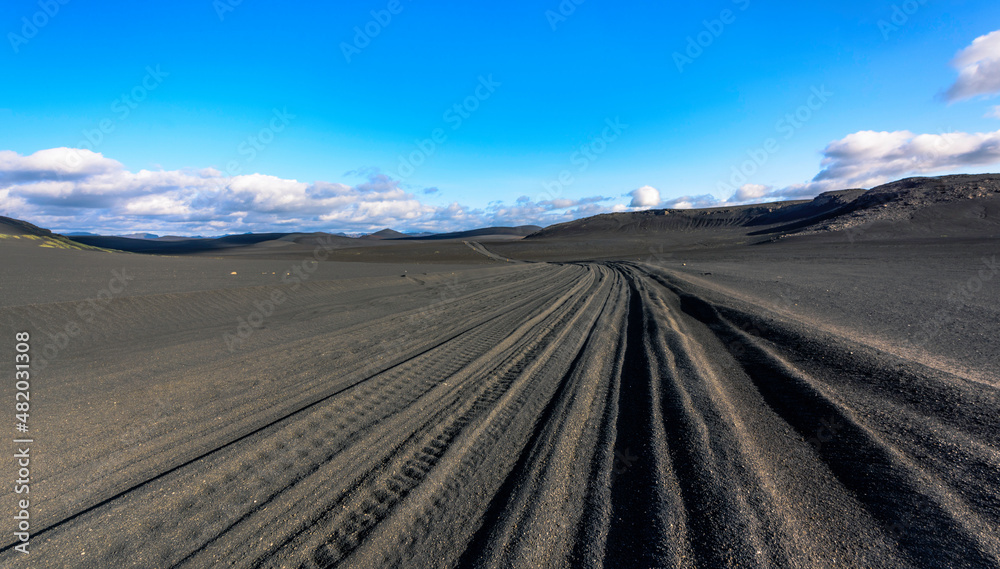 Remote highland track through the black sand dunes near Landmannalaugar, Iceland